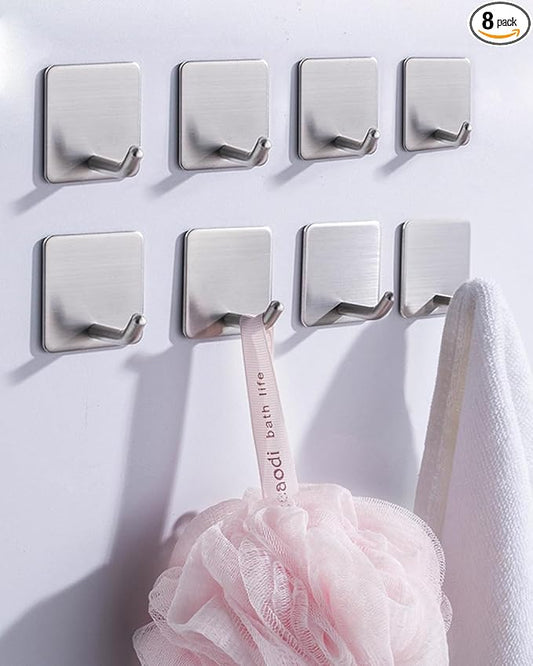 EDMILE 8 Pack Adhesive Wall Hooks, Self-Adhesive Hooks for Bathroom, Door Back Stick-On Towel Hooks, Hanging Coat Hat Key Washcloths Aprons Oven Mitts for Kitchen Shower Garage Home, Silver