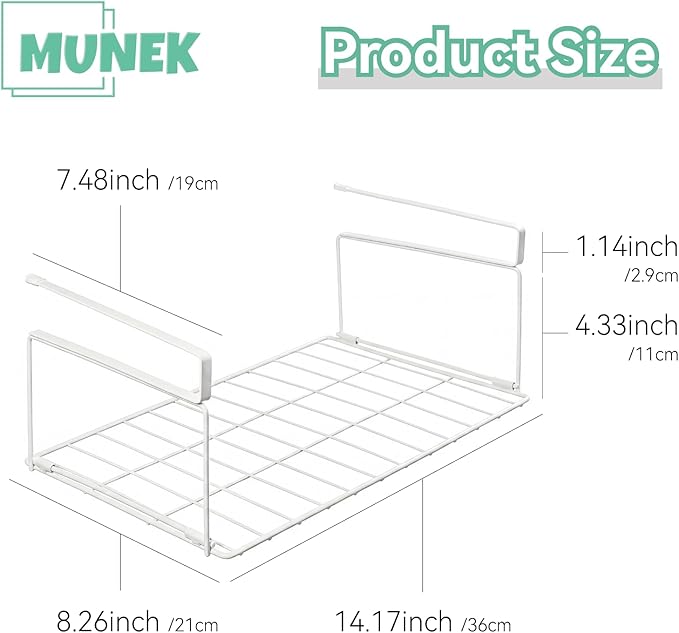 MUNEK Under Shelf Basket Storage 2 Pack White Space-Saving with Extra Layer Lightweight & Quick to Install Non-Slip16.1"D x 8.46"W