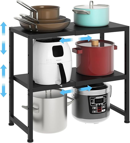2-Tier Expandable Metal Storage Shelves,150LBS Heavy Duty Shelving Units and Storage For Small Appliance,Adjustable Pots and Pans Organizer Rack Shelf For Kitchen Under Cabinet Pantry Warehouse Garage