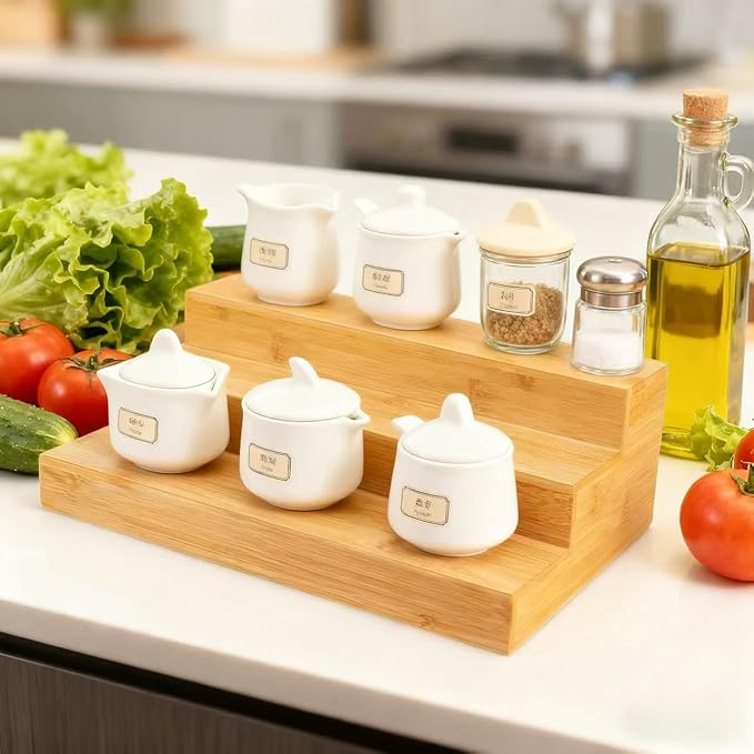 2 Pack Bamboo Spice Rack Organizer – 3 Tier Wooden Countertop & Cabinet Spice Rack for Kitchen Storage, Tiered Spice Organizer for Cabinet and Pantry