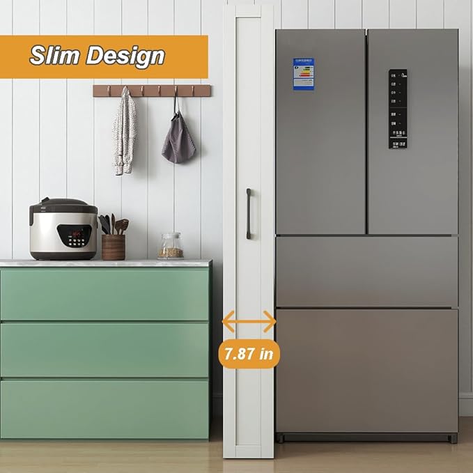 7 Tier Slim Storage Cart, Rolling Spice Rack Next to Fridge Slim, Narrow Storage Cabinet, Wood Storage Organizer with Handle Wheels for Kitchen, Dining Room (7 Tier)