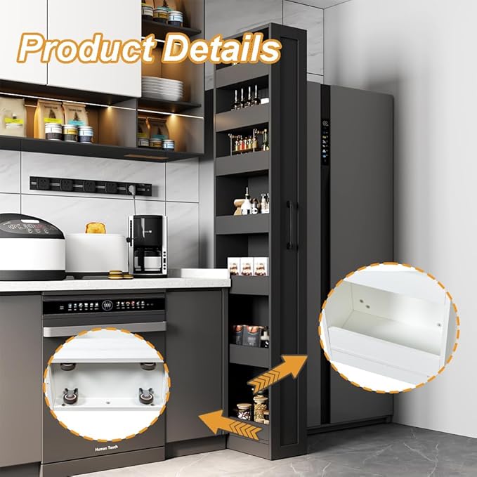 7 Tier Slim Storage Cart, Rolling Spice Rack Next to Fridge Slim, Narrow Storage Cabinet, Wood Storage Organizer with Handle Wheels for Kitchen, Dining Room (7 Tier-Black)