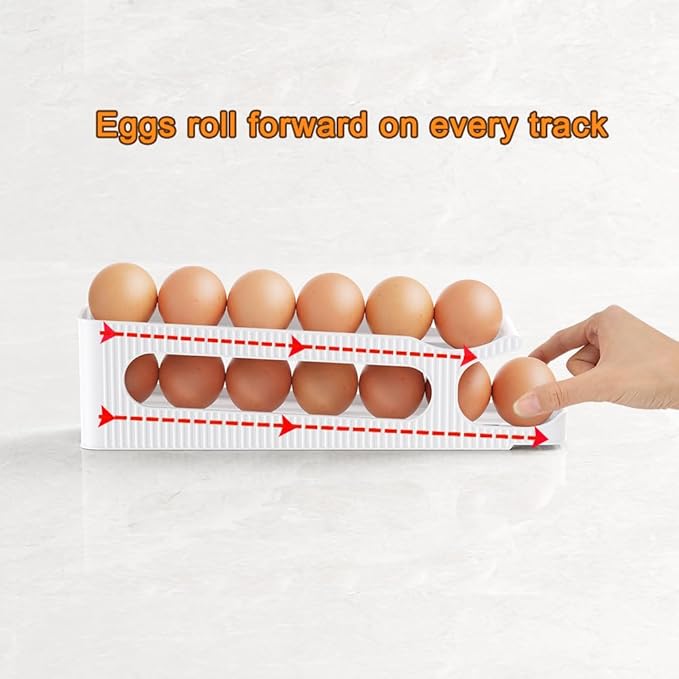 Egg Holder for Fridge, 2 Tiers Auto Rolling Egg Storage Organizer for Refrigerator, Slim Space Saving Container, Dispenser - Egg Roller for Eggs 12 Count