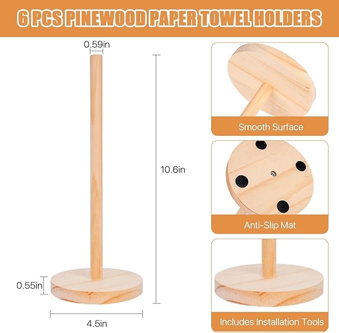 6 Pcs Wood Paper Towel Holder, Wooden Paper Towel Holder Countertop Standing Kitchen Roll Holder for Home Kitchen Bathroom Dining Table