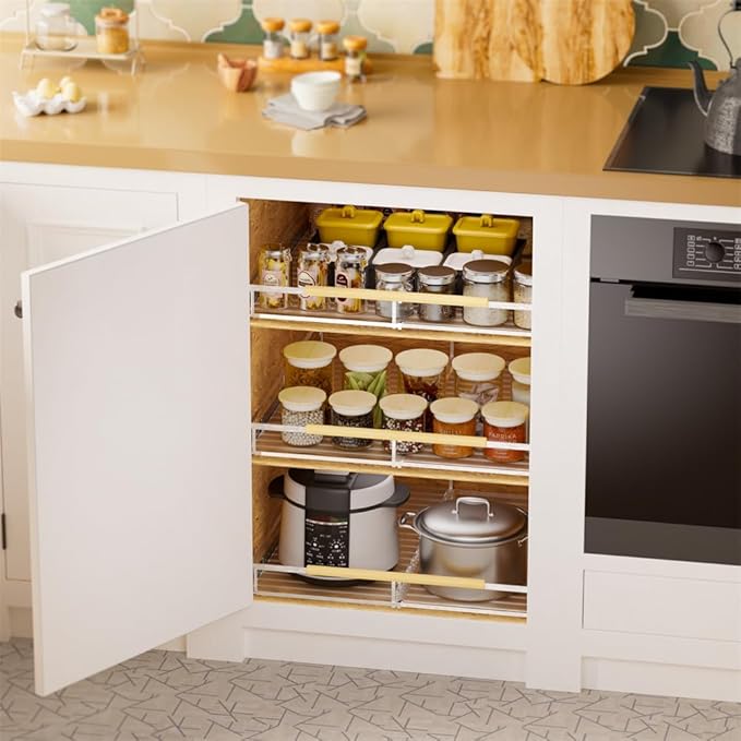 SANNO Pull Out Cabinet Organizer,Slide Out Cabinet Drawer, Bottom-Mounted Cabinet Under Sink Shelf, Expandable Slide Out Shelves for Kitchen Pantry Closet(2pack)