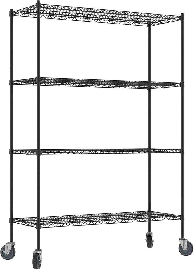 Commercial NSF Listed Black Epoxy Mobile Wire Shelving Kit 21" x 54" x 80", with 4 Shelves Perfect for Warehouse, Walk-in Refrigerator, Freezer, Grocery Store, Restaurant, Dishroom