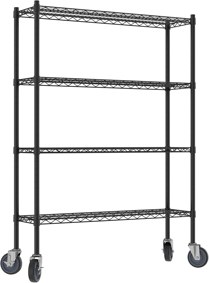 Commercial NSF Listed Black Epoxy Mobile Wire Shelving Kit 12" x 42" x 60", with 4 Shelves Perfect for Warehouse, Walk-in Refrigerator, Freezer, Grocery Store, Restaurant, Dishroom