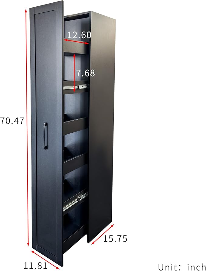 Slim Rolling Storage Cart, 6-Tier Pull-Out Spice Rack with Handle & Wheels, Narrow Kitchen Organizer for Next to Fridge, Pantry, Laundry Room,11.8 Inch Wide Space Saver（Black, With Side Panel)