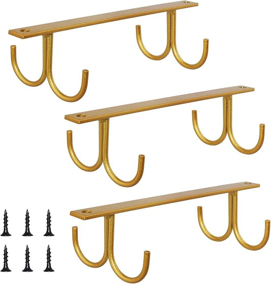 MOCOUM Under Cabinet Mug Rack, Rustic Mug Organizer Rack Cup Holder Under Shelf 12 Hanging Hooks Rack for Mugs, Coffee Cups and Kitchen Utensils Display (Glod-3 Pack-12 Hooks)