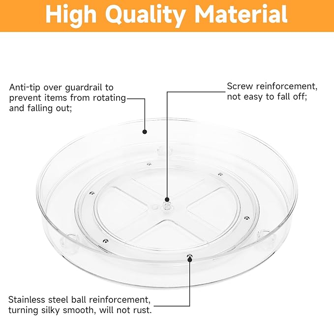 2 Pack Clear Lazy Susan Organizer Turntable, 10.6 & 9.25 Inch Acrylic Lazy Susan Turntable for Cabinet Non-Skid 360° Rotating Spice Rack, Refrigerator, Bathroom, Kitchen, Pantry Organizer