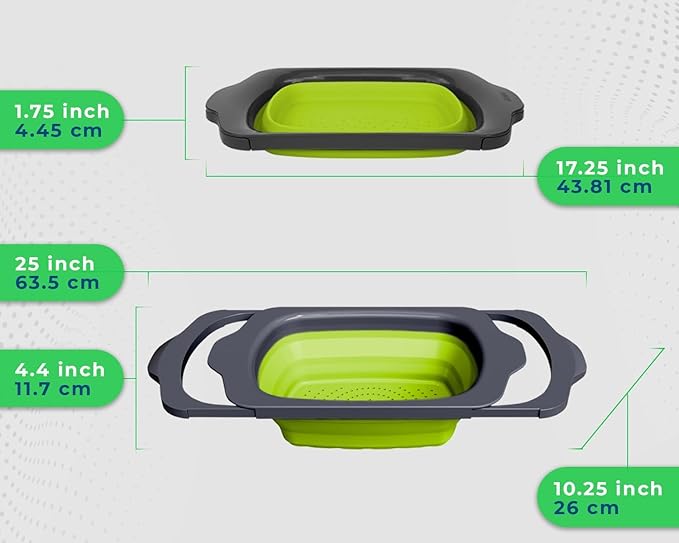 Comfify XL Large Kitchen Strainer - Collapsible Silicone Over-The-Sink Colander with Extendable Handles - Use with Pasta, Fruit, Berries & Veggie - 6 Quart - Green
