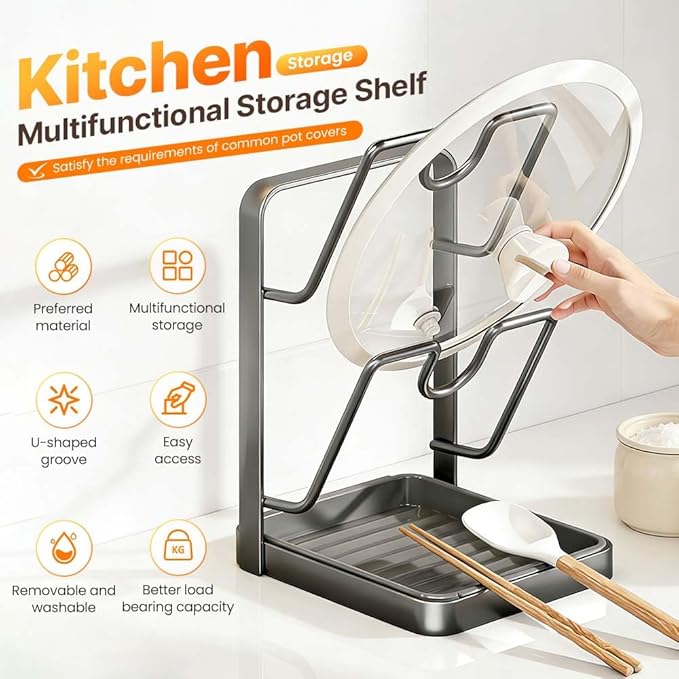 Kitchen Pot Lid Storage Rack – Thickened Steel Construction, Multifunctional Pan Lid Holder Organizer & Pot Lid Rack, Space-Saving Countertop Organizer (Black 2 Layer)