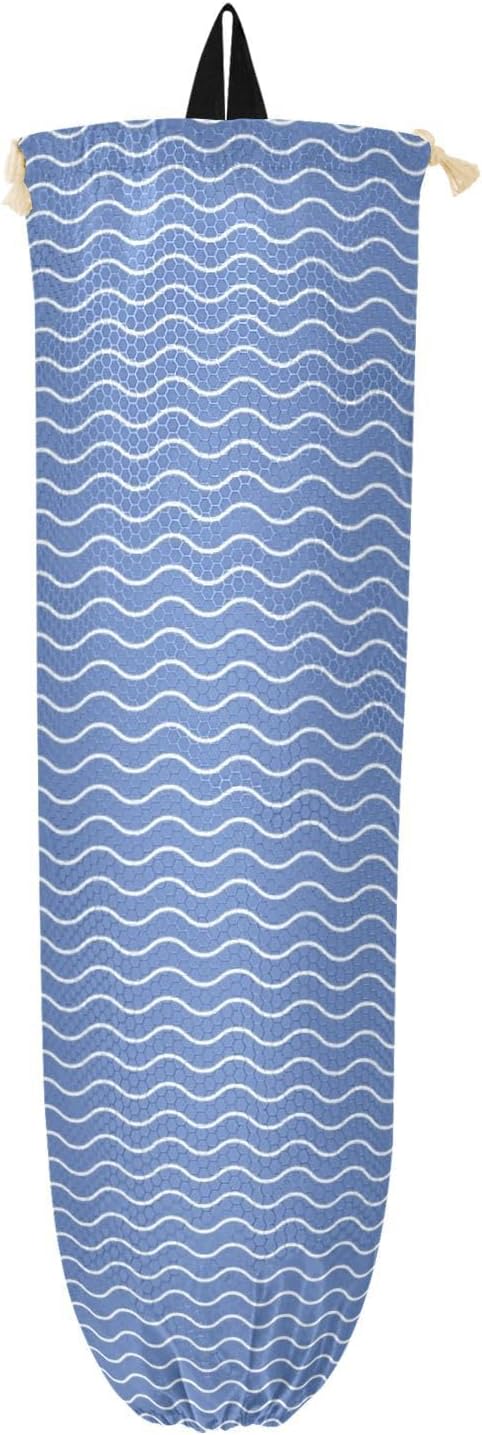 2 PCS Plastic Bag Holder Wall Mount Grocery Bag Holder Shopping Bag Trash Bag Storage Organizer Dispenser for Kitchen Closet 22 x 9 Inch Blue Wavy Lines