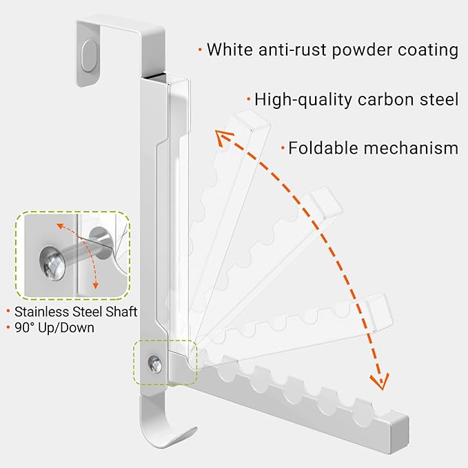 Foldable Over The Door Organizer Hanger, 7-in-1 Space Saver with 6 Grooves & 1 Always-Usable Hook for Coat, Bag, Towel - Ideal for Entryway, Bedroom, Bathroom, Dorm, Travel, White