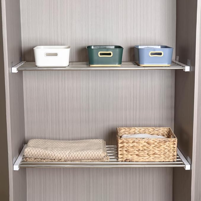 Hershii Extendable Closet Shelf Wardrobe Rail Metal Hanging Rod Storage Rack Expanding Clothes Divider Separator Organizer for Cabinet Cupboard Kitchen Bathroom, (13.77''-23.62'') X 16.82''