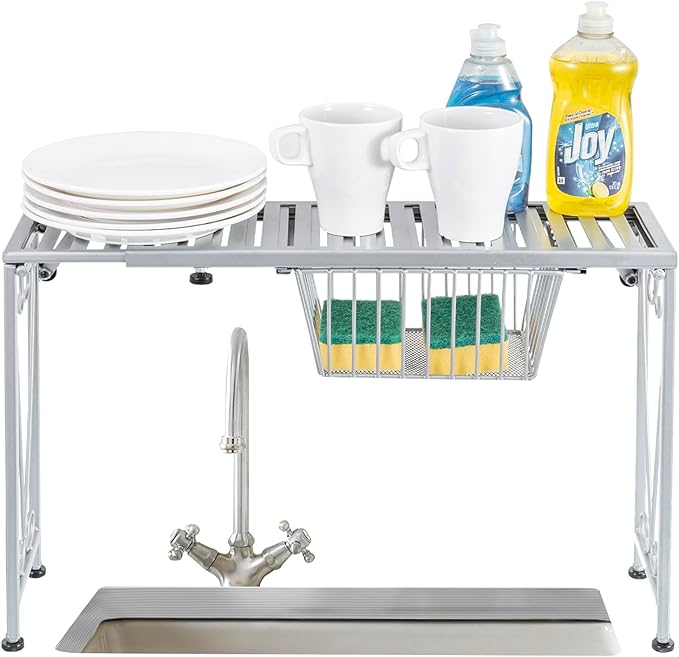 MyGift Silver Metal Over The Sink Organizer Shelf with Pull Out Drawer, Expandable Kitchen Caddy Rack, Bathroom Storage Shelf Riser with Scrollwork Design