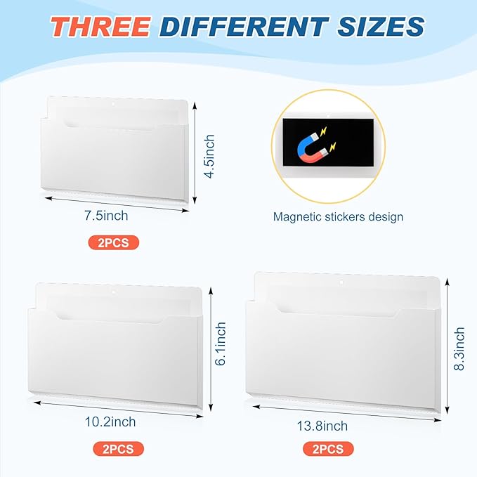 Fuutreo 6 Pcs Magnetic Wall File Organizer Magnetic Wall File Holder Refrigerator Magazine Holder for Mail Letters Paper(White,12.6x9.5, 9x7, 6.6x4.8 Inch)
