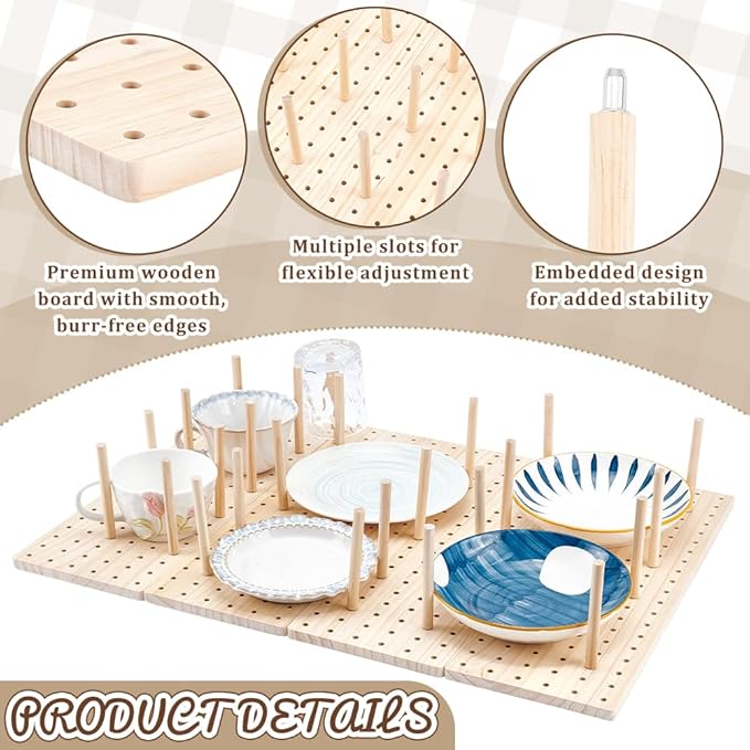 peacoblue 6 - Piece Wood Pegboard Drawer Organizer Set - Kitchen Drawer Peg Organizer 40 Pegs & Screws Included - Organizing Kitchen Dishes, Plates Pegboard Food Containers(17x5.9inch)
