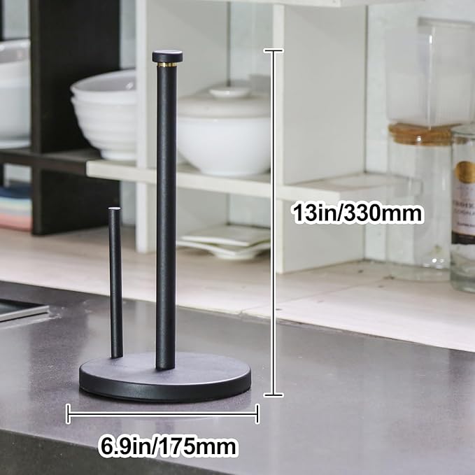 Black Paper Towel Holder Countertop, Black Stainless Steel Paper Towel Holder for Kitchen Bathroom with Anti Slip Weighted Base, Kitchen Roll Holder Fit Standard and Large Rolls