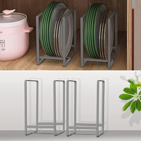 4PCS Plate Holders Organizer, Metal Dish Storage Dying Display Rack for Cabinet, Counter and Cupboard, Grey, 4 Large