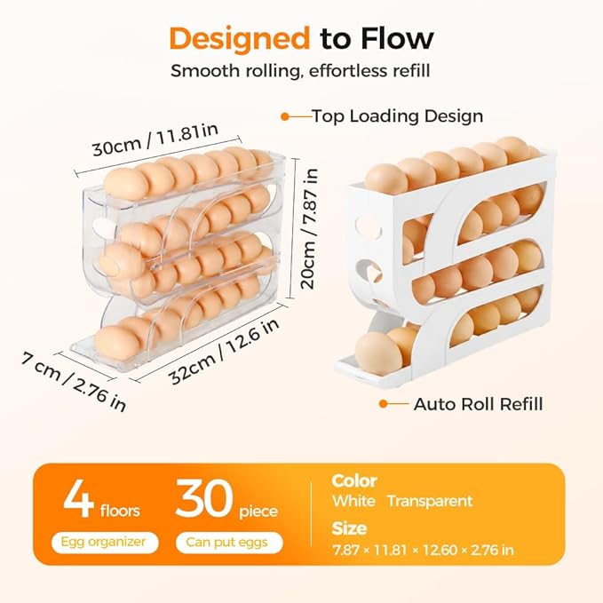 Egg Holder for Fridge, 2026 Rolling Egg Container for Refrigerator, Egg Dispenser for Refrigerator, Countertop, Kitchen, Space-Saving Kitchen Tool, Holds 30 Egg (Transparent)