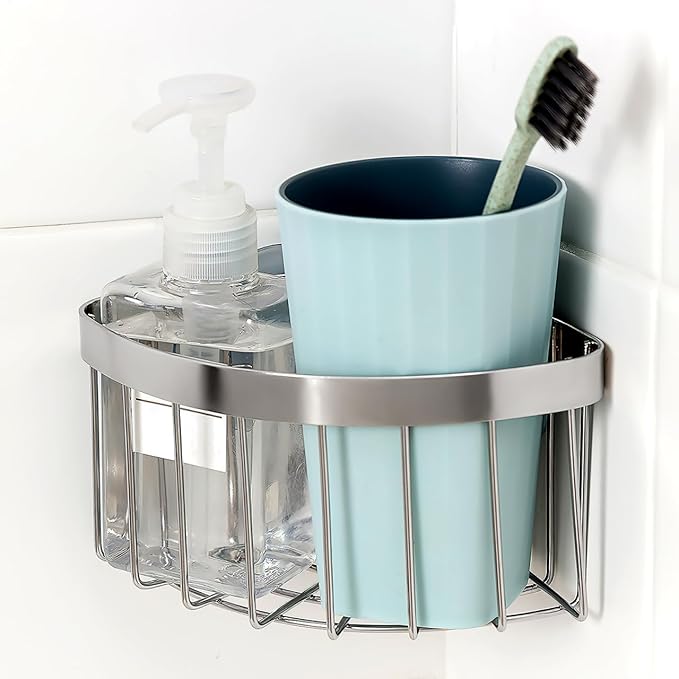 Housoutil Suction Sponge Holder, Movable 90°corner Sink Caddy Ith Strong Suction Cup, Stainless Steel Hollowed-out Caddy for Kitchen Bathroom