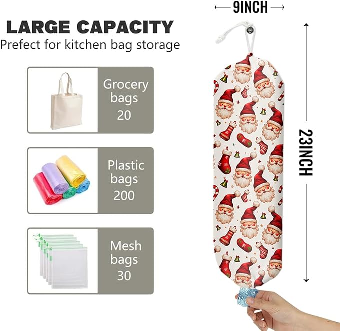 Santa Claus Pattern Grocery Bag Holder and Dispenser Christmas Plastic Bags Organizer Garbage Shopping Trash Bags Storage for Kitchen Home Housewarming Gifts for Women Friends