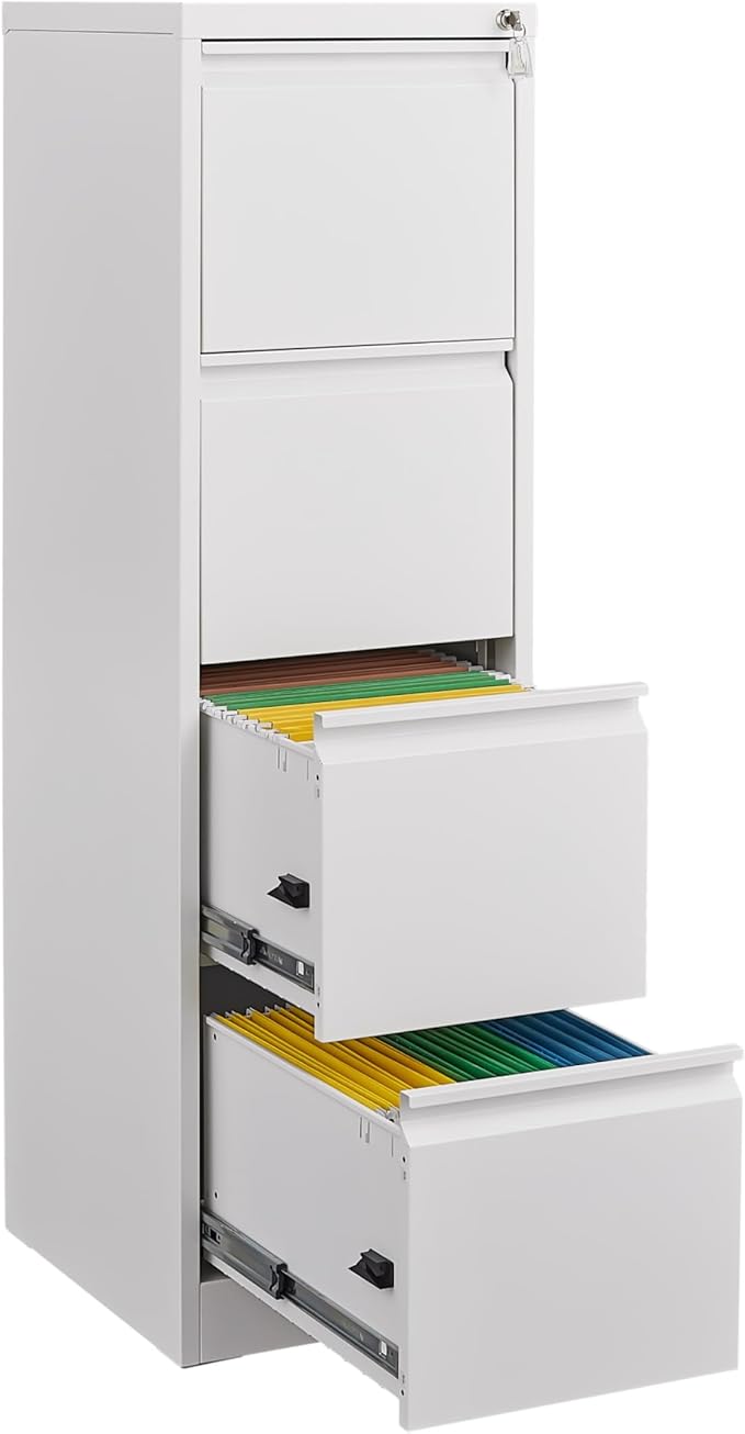 4 Drawer File Cabinet with Lock, Vertical Filing Cabinet for Home Office Garage, Metal Lockers Steel Lockable Drawer Storage Organizer for Letter Size/a4/Legal Files White