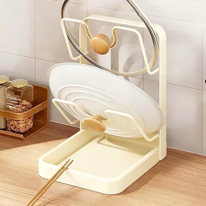 Kitchen Pot Lid Storage Rack, Multifunctional Stainless Steel Lid Holder with Removable Drip Tray & Spoon Rest, Pot Cover Organizer for Countertop and Stove Top Cooking (Beige, Single-layer)