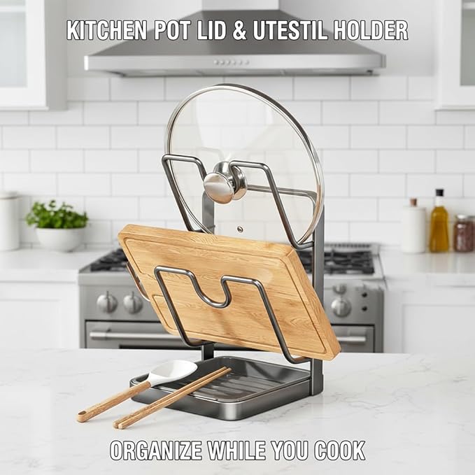 Kitchen Pot Lid Storage Rack, Lid Holder While Cooking, Countertop Organizer Rack for Counter with Removable Drip Tray, Stainless Stand with Tray Spoon Rest for Stove Top(Grey-Single layer)
