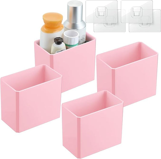 Suclain 4 Pcs Wall Mounted Organizer Non-drilling Adhesive Floating Shelf Wall Bin Organizer Hanging Storage Containers for Bedroom Bathroom Kitchen Office (Pink)
