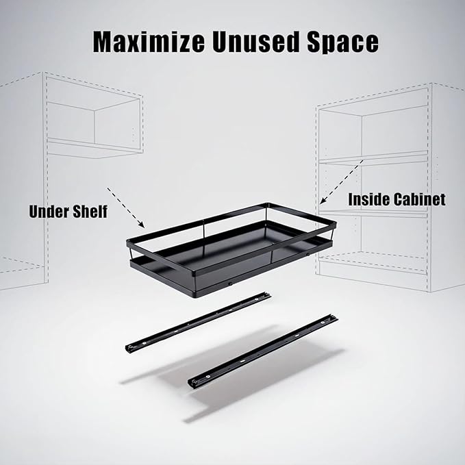 Under Sink Organizer, Dual-Rail Ball-Bearing, Under Kitchen Sink Organizer, 6-Level Adjustable, Under Cabinet Organizer, No-Drill Adhesive/Suction, Under Sink Storage (Black, Single Layer - 1 Pack)