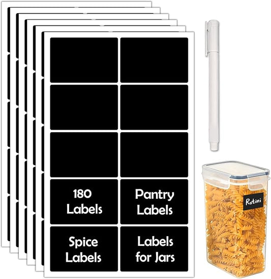JIEHENG 180Pcs Chalkboard Labels for Jars, Waterproof Reusable Blackboard Stickers with 1 Liquid Chalk Markers, Kitchen Organization Labels Removable (Black, Rectangle)