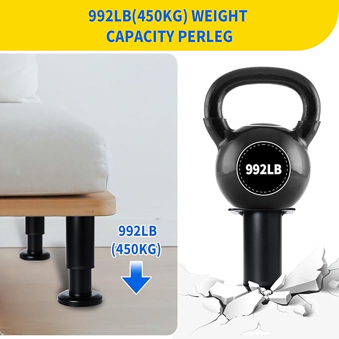 6 PCS Adjustable Height Bed Support Legs for Bed Frame/Bed Center Slat, Heavy Duty Furniture Replacement Legs 7.08-12.2 inch for Sofa/Cabinet/Couch/Dresser/Table (Black)