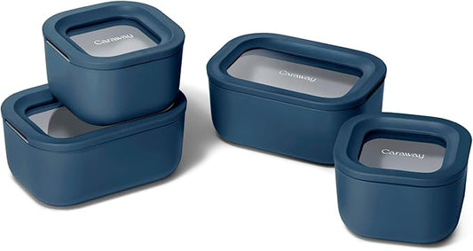 Caraway Mini Food Storage 9pc Set - Glass Storage Containers for Food - Non-Toxic Ceramic-Coated Glass - Air Release Technology - Compact & Stackable Design - Navy