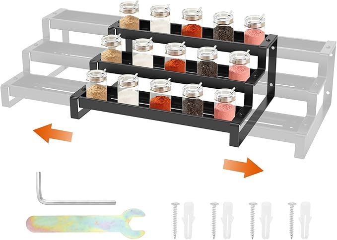 3-Tier Spice Rack Organizer for Cabinet,14.5"-26" Expandable Spice Organize Shelf,Carbon Steel Display Shelf for Jars and Bottles, Seasoning Organizer for Kitchen Pantry Countertop