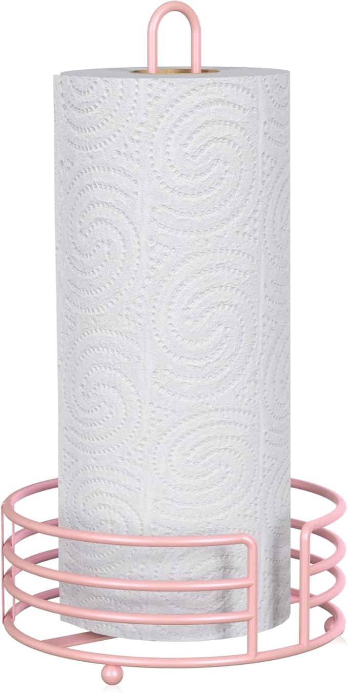 Buruis Paper Towel Holder for Kitchen Countertop, Pastel Pink - One Hand Tear with 8" Wide Base, 13" Height, Raised Feet & U-Handle - Heavy-Duty Steel Stand, Fits Jumbo Mega Rolls