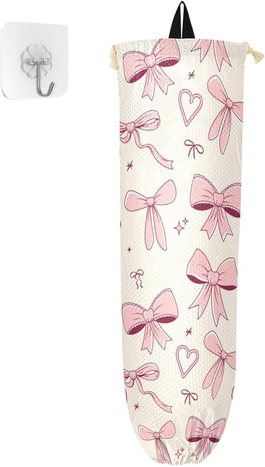 Plastic Bag Holder Wall Mount Grocery Bag Shopping Bag Storage Holder Organizer Dispenser with Adhesive Hook,for Kitchen Bathroom Home Decor 9x22 Inches Cute Pink Bowknot08