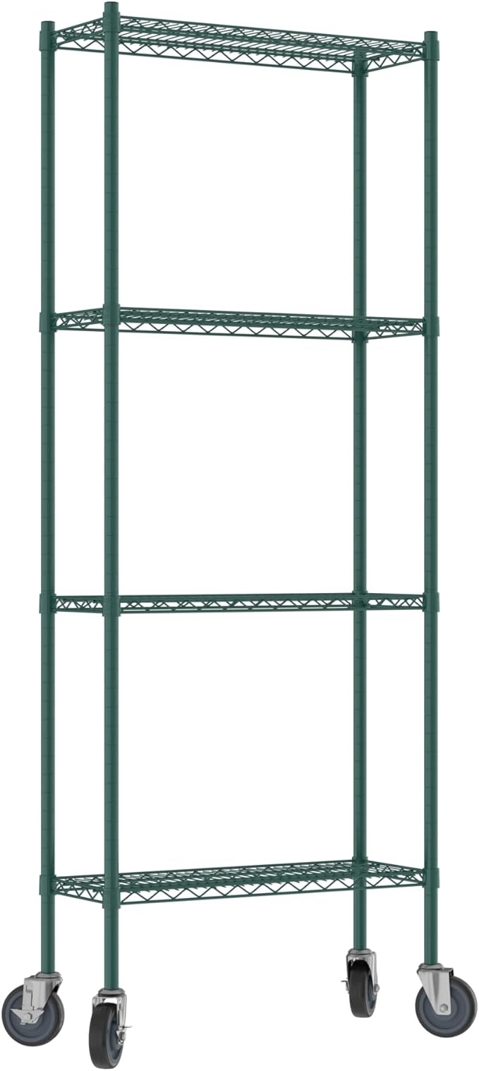 Commercial NSF Listed Green Epoxy Mobile Wire Shelving Kit 12" x 30" x 80", with 4 Shelves Perfect for Warehouse, Walk-in Refrigerator, Freezer, Grocery Store, Restaurant, Dishroom