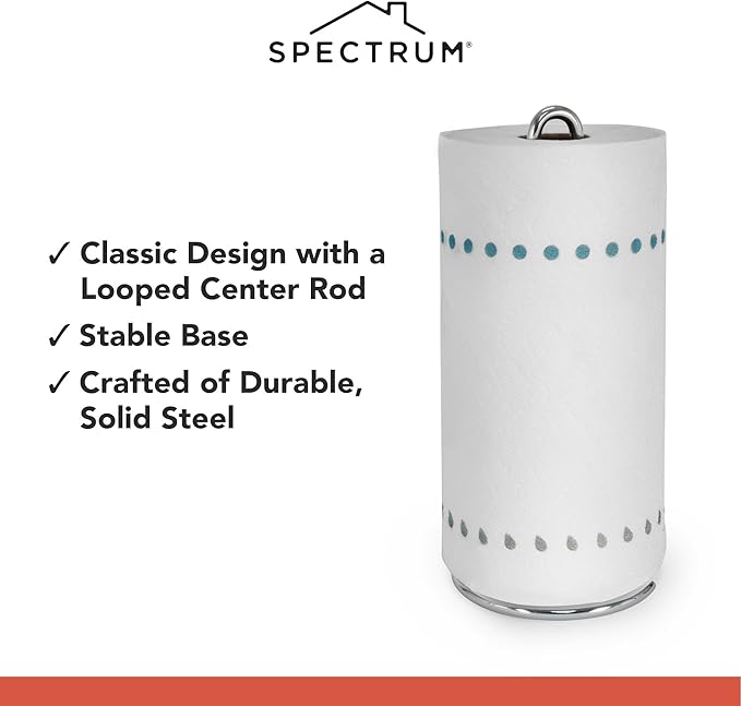 Spectrum Chrome Paper Towel Holder Countertop Kitchen Organizer, Easy Tear Modern Freestanding Kitchen Hand Towel Roll Stands Vertical for Standard and Large Paper Towel Rolls with Durable Steel Base