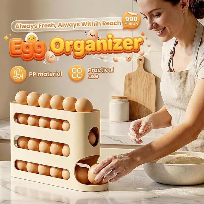 Clear Egg Holder for Fridge, 2026 New Rolling Egg Dispenser for Refrigerator, Auto Rolling Egg Dispenser for 30 Eggs, Space-Saving Egg Roller, Organizer, Container, Kitchen Countertop (White*2)