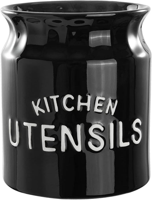 Utensil Holder, Ceramic Farmhouse Kitchen Utensil Holder for Countertop, 6.5" Large Cooking Utensil Crock for Kitchen Counter, Black