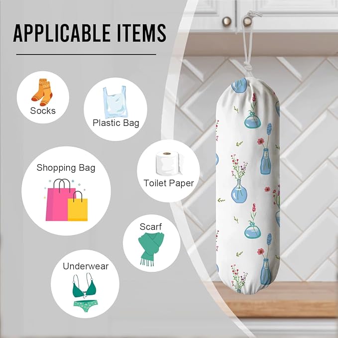 Plants Plastic Bag Holder, Washable Large Grocery Trash Bags Storage Dispenser, Fabric Garbage Trash Bag Dispenser for Home Kitchen Pantry Cabinet, Wall Mount, Kitchen Housewarming Gifts