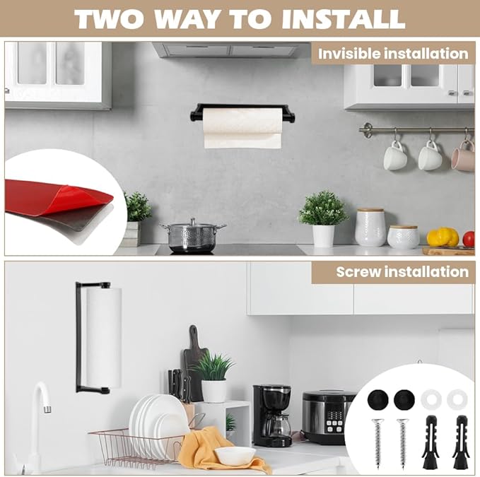 Paper Towel Holder Under Cabinet, Paper Towel Holder, Space Aluminum Kitchen Towels Holders, Self Adhesive Kitchen Roll Holder for Kitchen, Bathroom, Living Room, with Magnetic Hook