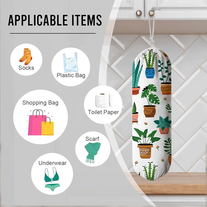 Plants Plastic Bag Holder, Reusable Washable Shopping Bags Storage Carrier, Animal Prints Fabric Garbage Trash Bag Dispenser for Home Kitchen Pantry Cabinet, Wall Mount, Kitchen Housewarming Gifts