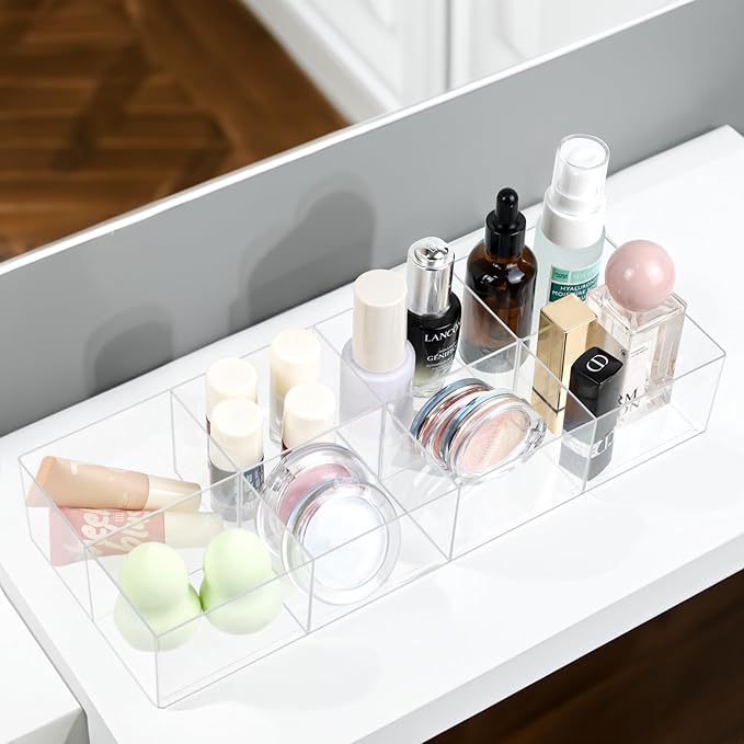 ZEXALOR Clear Drawer Organizer, 8 Sections Makeup Socks Organizer Holder, Drawer Dividers Office Desk Tray Bathroom Jewelry Trays (8 Cell)