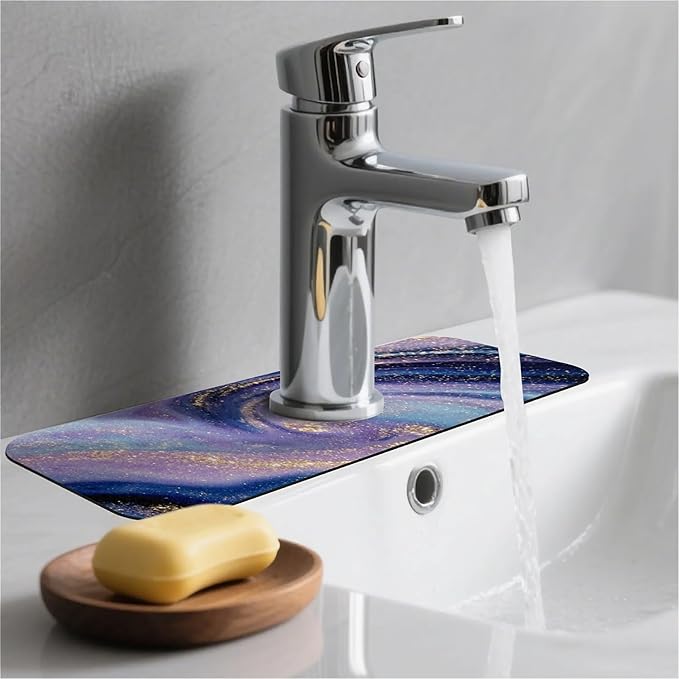 Kitchen Sink Splash Guard，Blue purple swirling marble Faucet Mat Sink Gadgets-Super Absorbent Fast Drying Mat Drip Catcher for Kitchen, Bathroom,Sink Mat, Dish Drying Mat, Bathroom(15" X 5.5" )