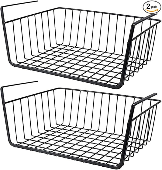 2 Pack Under Shelf Storage Basket Under Shelf Hanging Metal Wire Storage Basket for Kitchen Cabinet Cupboard Organizer Black