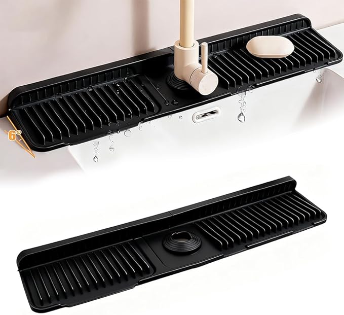 Silicone Kitchen Sink Splash Guard 2025 | Upgraded 24"x5.5" Faucet Mat with 6° Slope for Kitchen Batnroom | Anti-Slip Drip Catcher | Sink Protector Pad for Countertop Water Drain (Black)