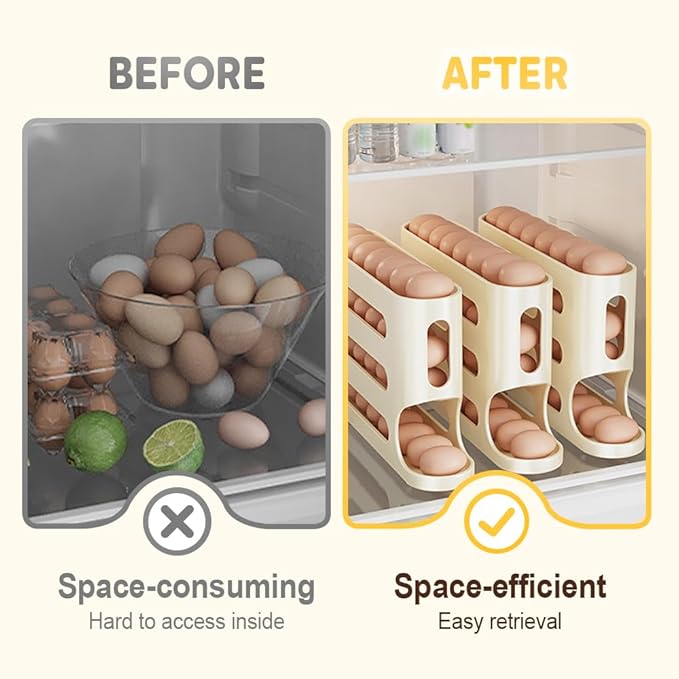 Egg Holder for Fridge, 2026 New Auto Rolling Fridge Egg Organizer, Egg Dispenser for Refrigerator, 4 Tiers Fridge Egg Rack for Refrigerator, Large Capacity/Holds 30 Eggs (White)